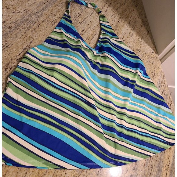 LL Bean Tankini Swim Skirt Set Plus Size 18 Blue Green Stripe Halter - Picture 9 of 16